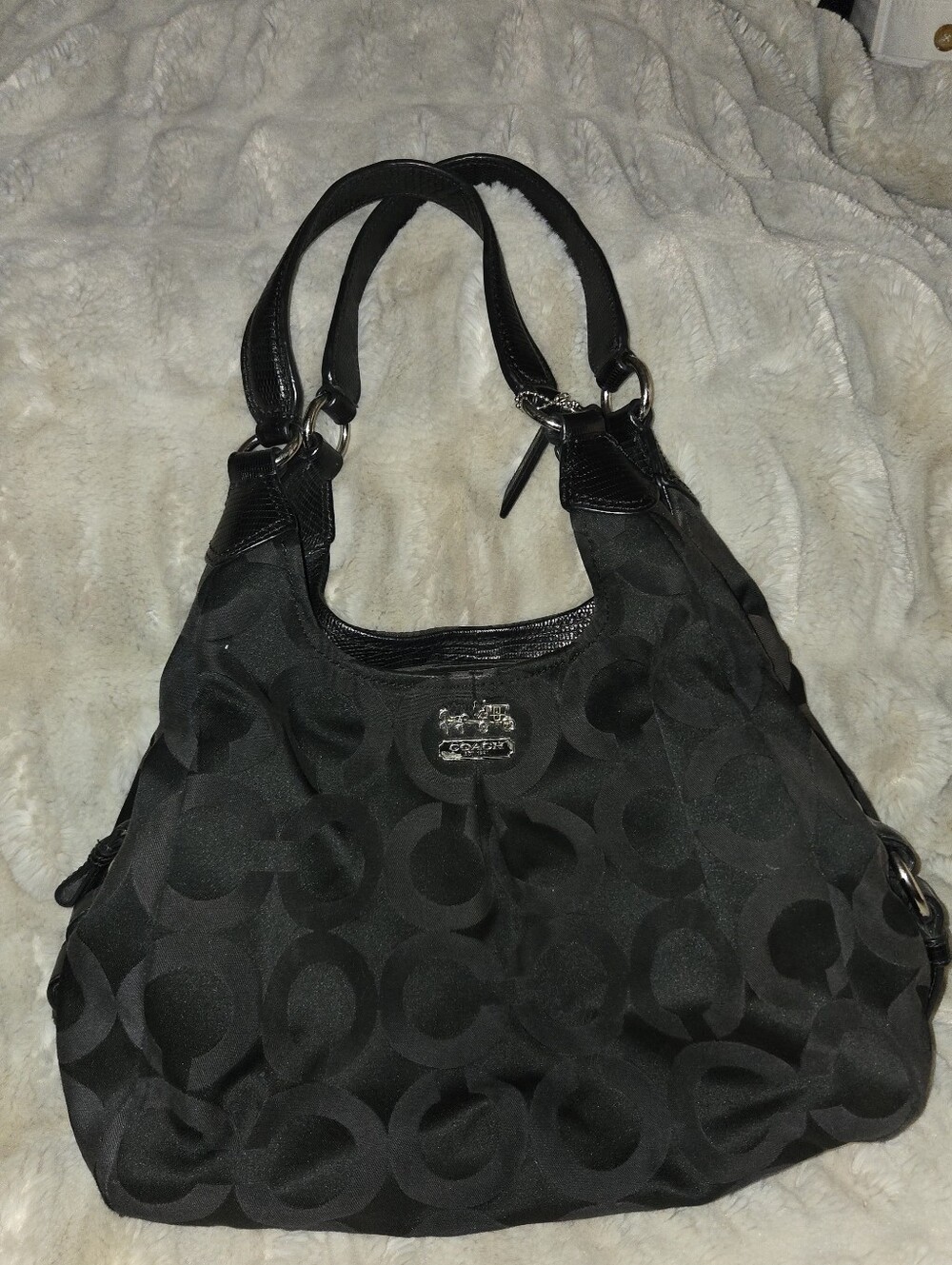 Coach Madison OP Art Maggie Black Signature Bag Double Handles Red Interior